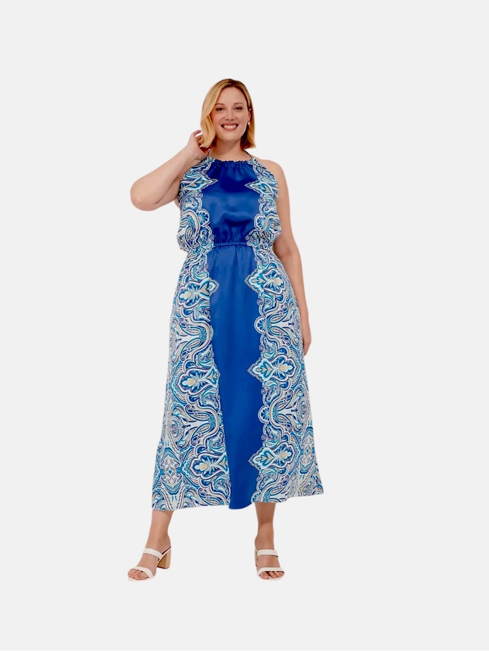 Lane Bryant Blue Paisley Satin Feel Halter Maxi Dress Size 14